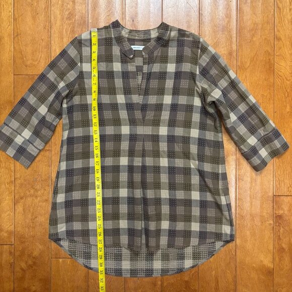 Language of the Birds Women Linen Top Size S Brown Plaid Stitched Lagenlook Boho - Picture 10 of 12